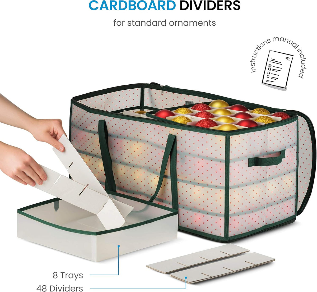 ZOBER Christmas Ornament Storage Box - Durable Organizer for 128 3" Ornaments | Green with Individual Trays
