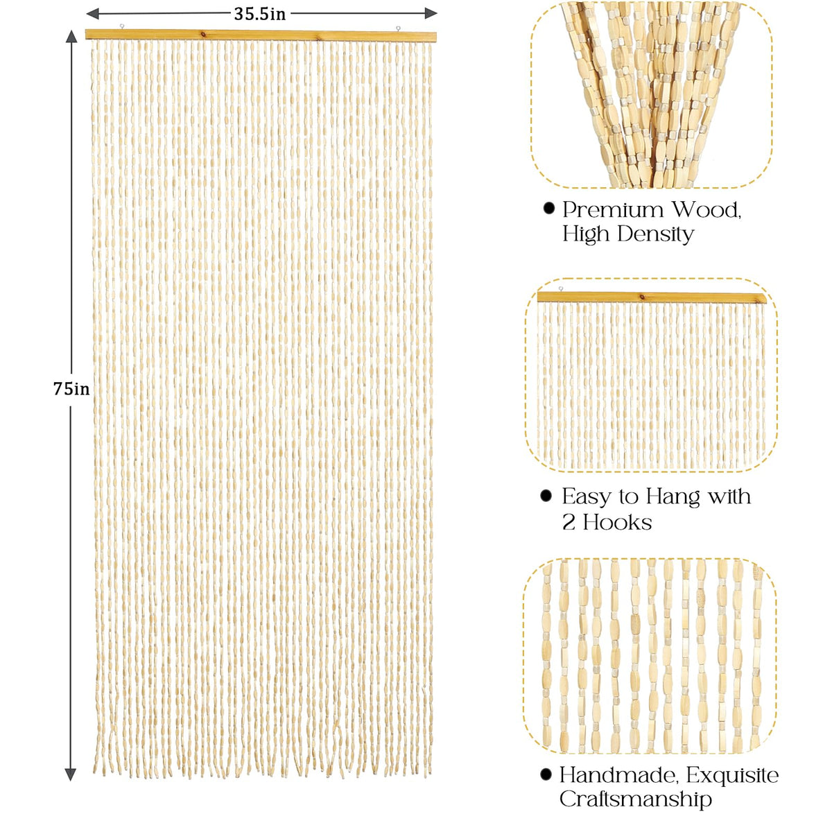 HYVAKUPPA 35.5" x 75" Bamboo and Wood Beaded Curtain for Doorway 52 Strands Handmade Bohemian Door Beads Curtain Boho Hanging Room Divider for Bedroom Living Home Deco, Beige
