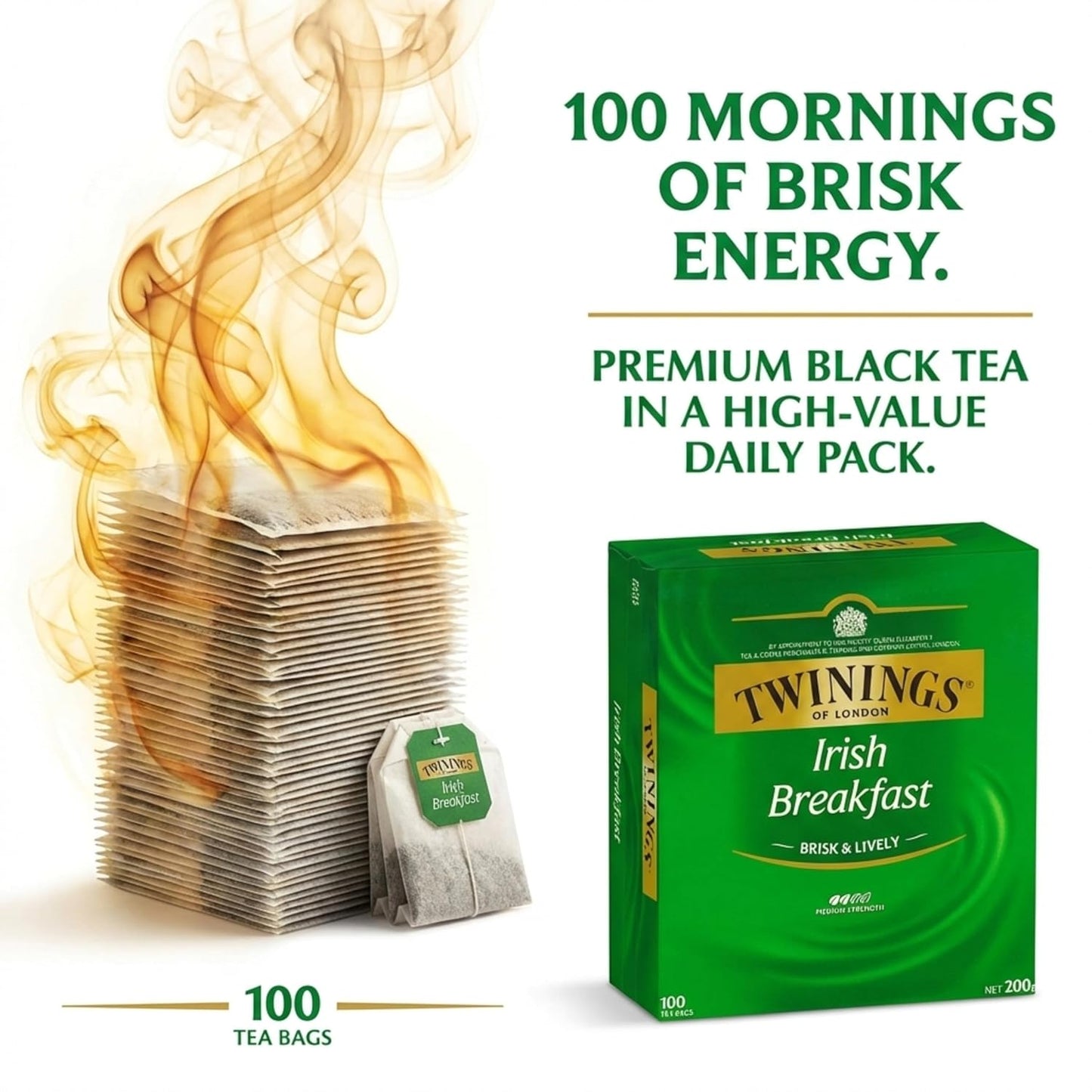 Twinings Irish Breakfast Teabags - Classic Flavor, 100 Count Pack for Energizing Mornings