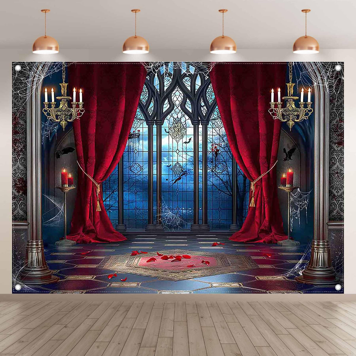 YCUCUEI 7x5ft Fabric Halloween Vampire Medieval Castle Backdrop Gothic Window Red Curtain Bats Photography Background Haunted House Party Decor Photo Props