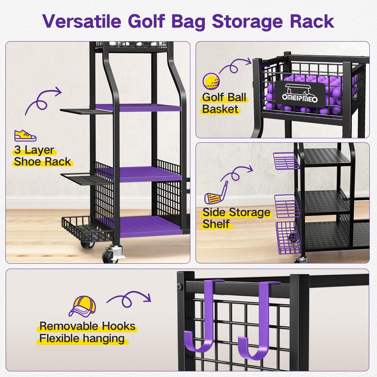 Golf Bag Storage Garage Organizer, Golf Bag Storage Stand and Other Golfing Equipment Accessories Rack, 3 Golf Bag Storage Rack with Wheels, Golf Organizer for Home, Garage, Club, Shed, Basement