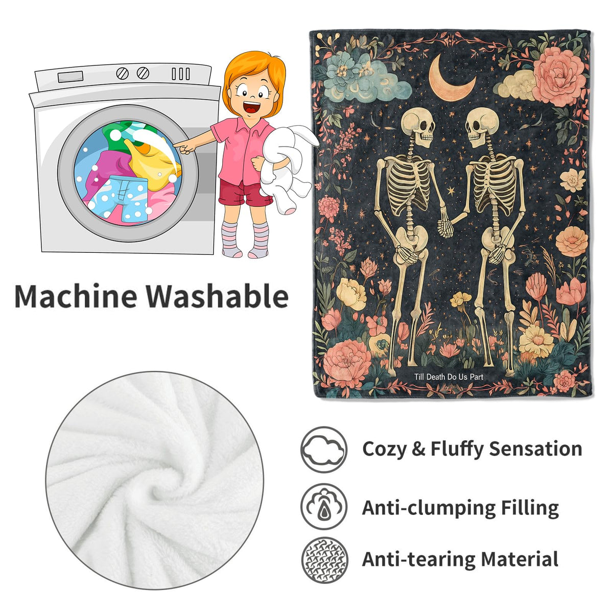 VODRM Gothic Skull Blanket Skeleton Romantic Throw Blankets with Flowers & Crescent Moon,Birthday Gifts for Kids Adult,Lightweight Soft Fleece,for Sofa Couch Bed Room Goth Halloween Decor 50x60in