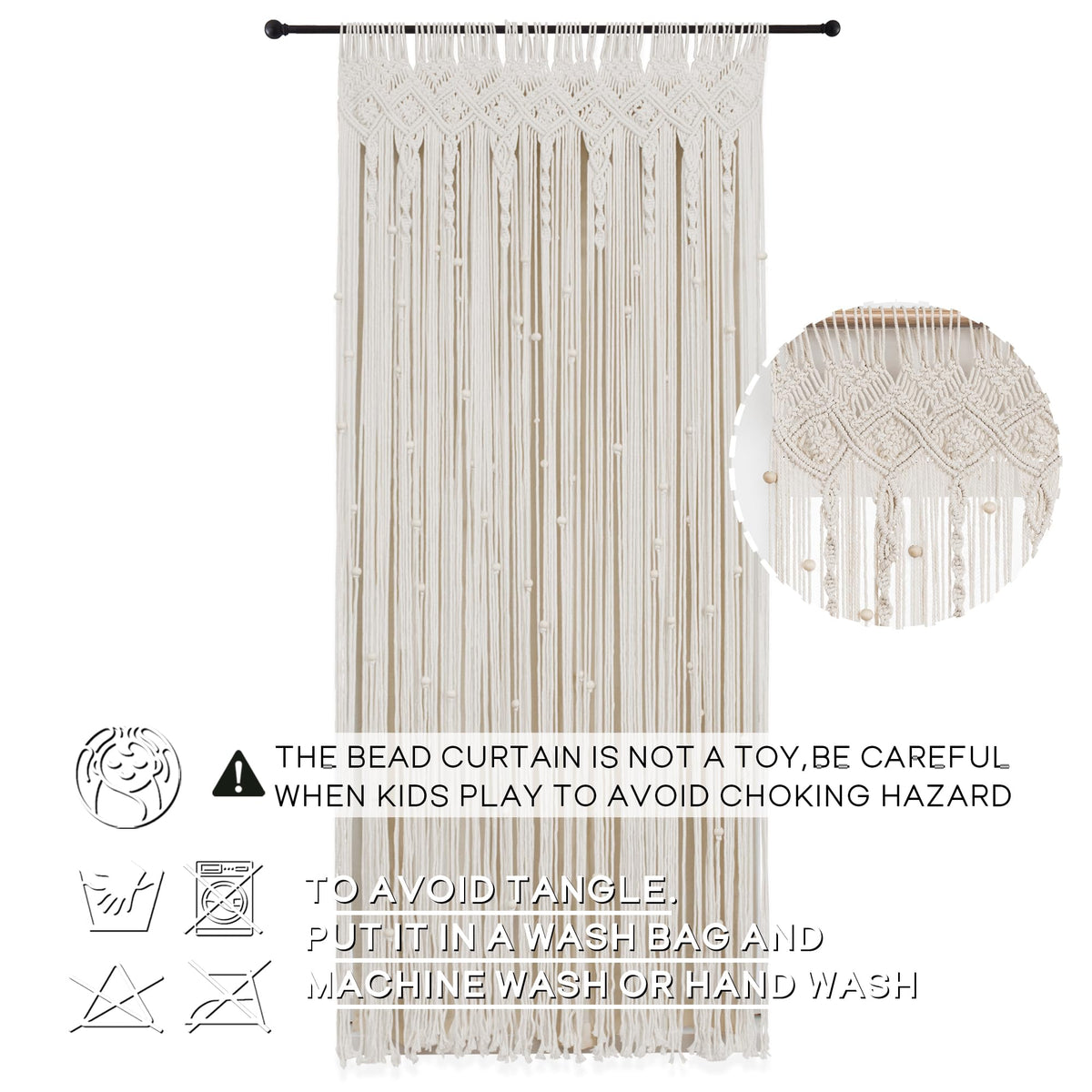 Lino Rosa Beaded Curtain for Doorway, Boho Beads Closet Curtain for Open Closet, Hanging Room Divider for Room Separation, 36" W x 80" L, Cream