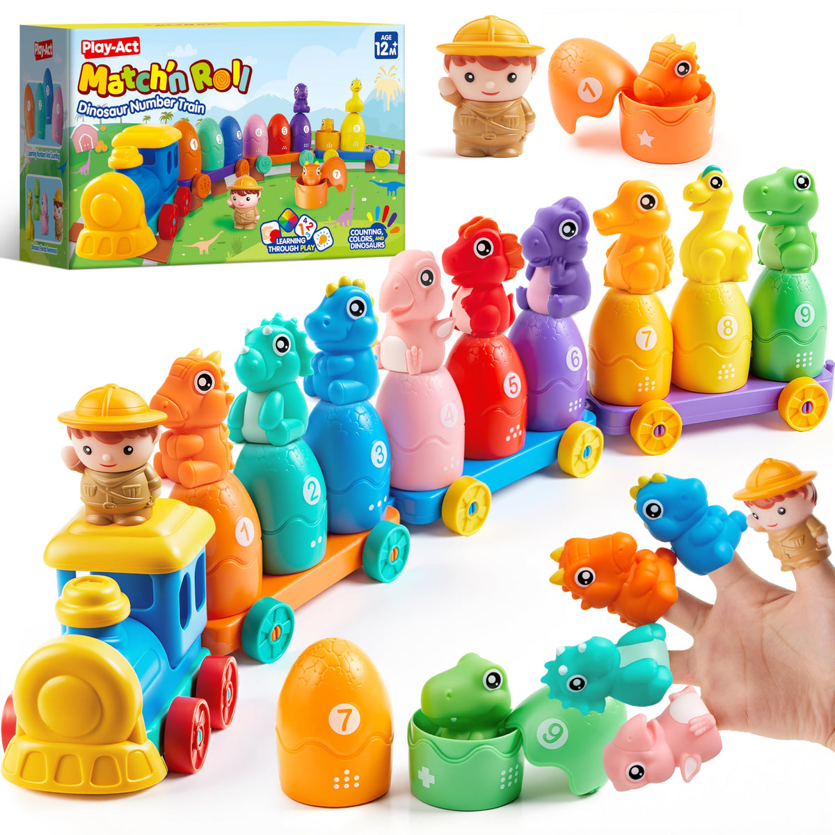 Play-Act Learning Toy for Toddlers 1 2 3 Years Old, Counting, Matching & Sorting Montessori Learning Dinosaur Train Including 9 Dinosaurs, Birthday Gift for Baby Boys Girls
