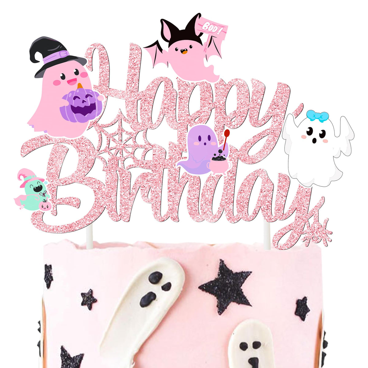 Ghost Birthday Cake Topper Pink Glitter Halloween Birthday Party Decorations Lovely Ghost Cake Picks Ghosts Theme Cake Decorations for Happy Boo Day Party Supplies