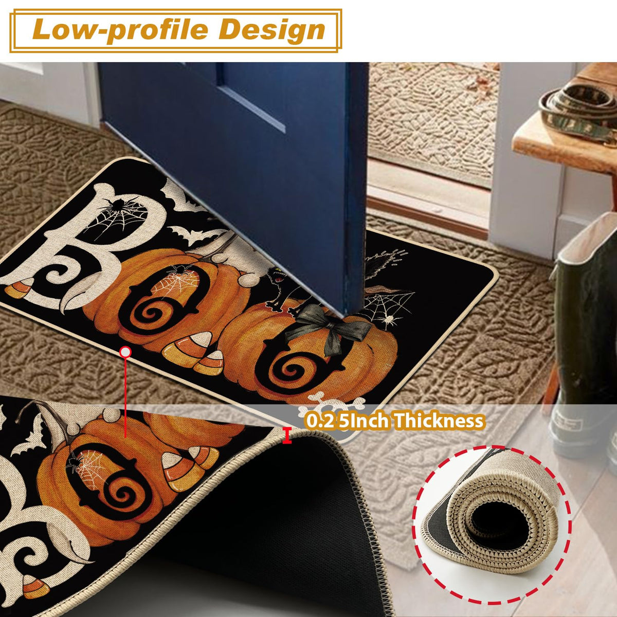Baccessor Halloween Kitchen Mats Set of 2, Ghost Pumpkin Cat Spider Web Bat Boo Kitchen Rugs for Floor Low-Profile Farmhouse Fall Halloween Party Home Decor 17x29 and 17x47 Inch