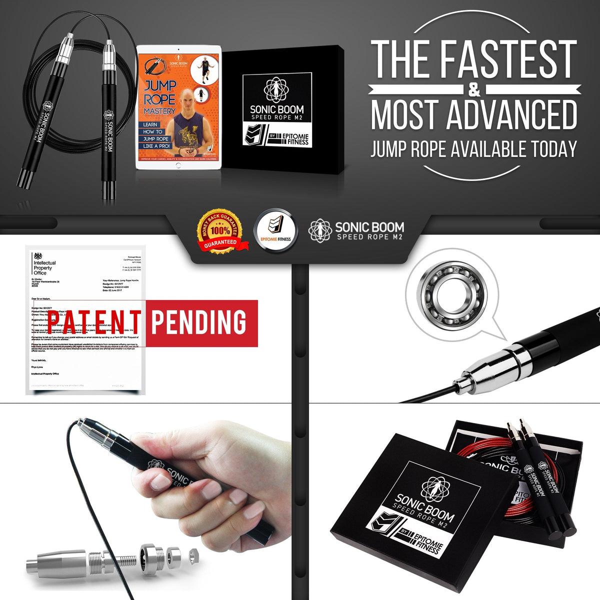 Sonic Boom M2 High Speed Jump Rope - Patent Pending Self-Locking, Screw-Free Design – Weighted, 360 Degree Spin, Silicone Grip with 2 Speed Rope Cables for Home Workout, & More