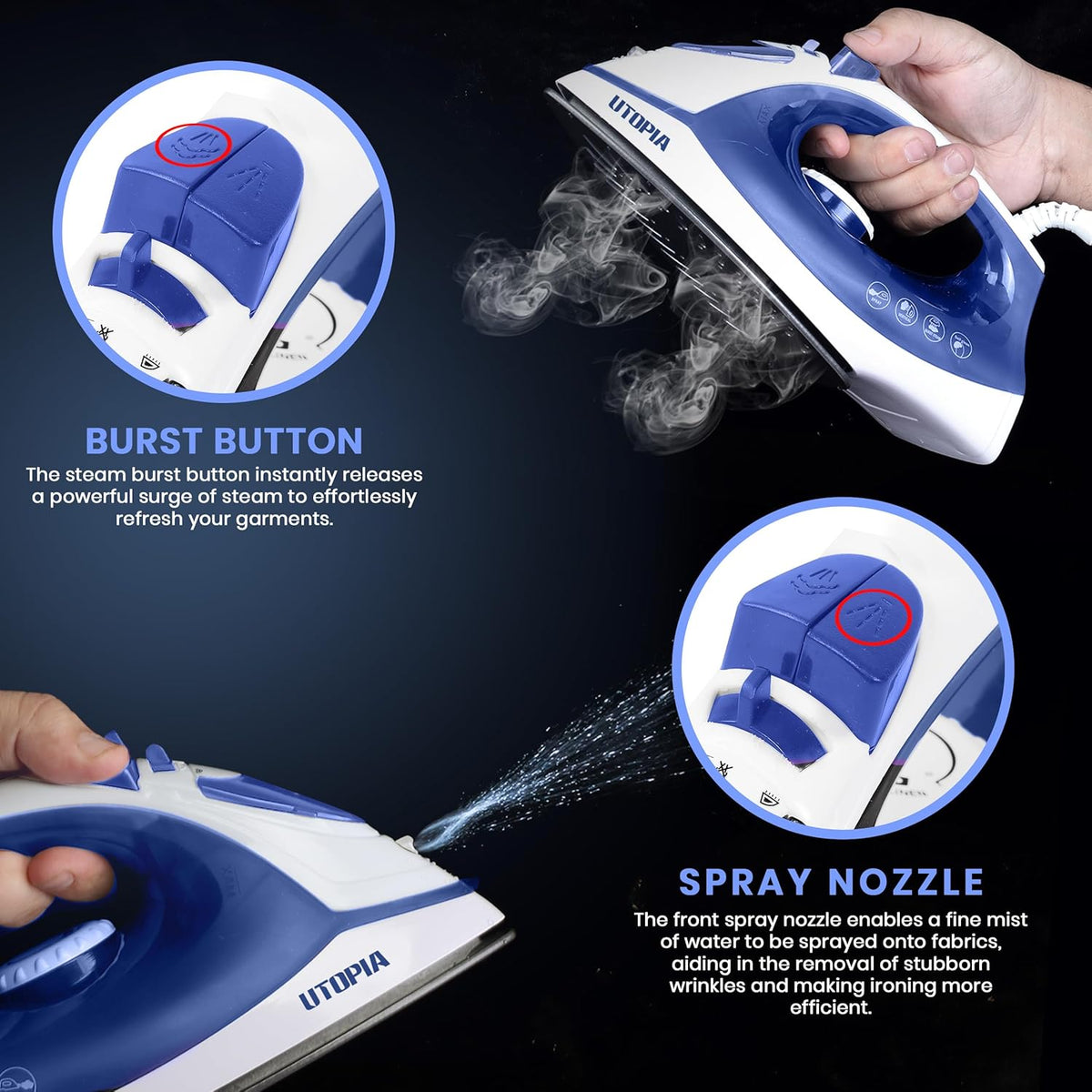 Utopia Home Steam Iron - 1200W Non-Stick Soleplate Clothes Iron with 2.3m Cord & Adjustable Thermostat | Blue