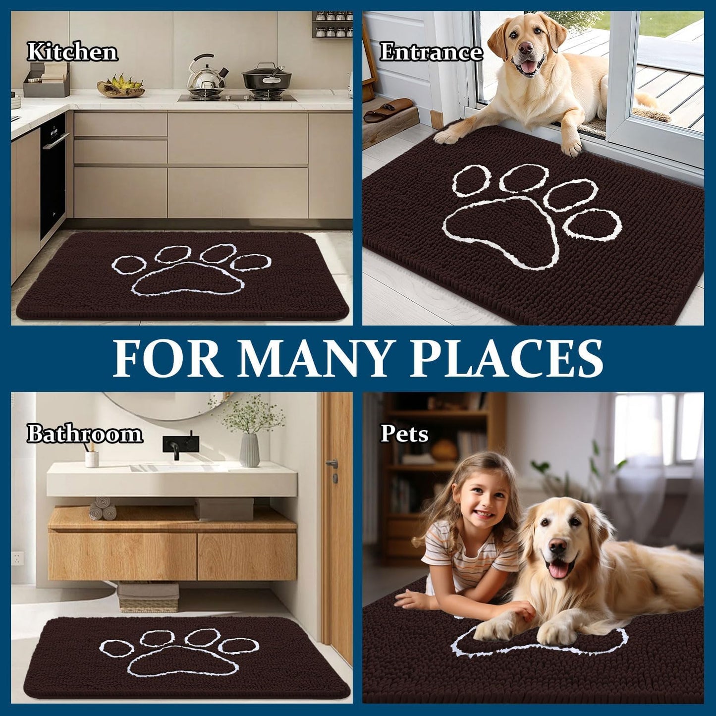 OLANLY Dog Door Mat - Absorbent Non-Slip Mud Mat for Paws | 47x24 Inch, Quick-Dry Chenille, Brown
