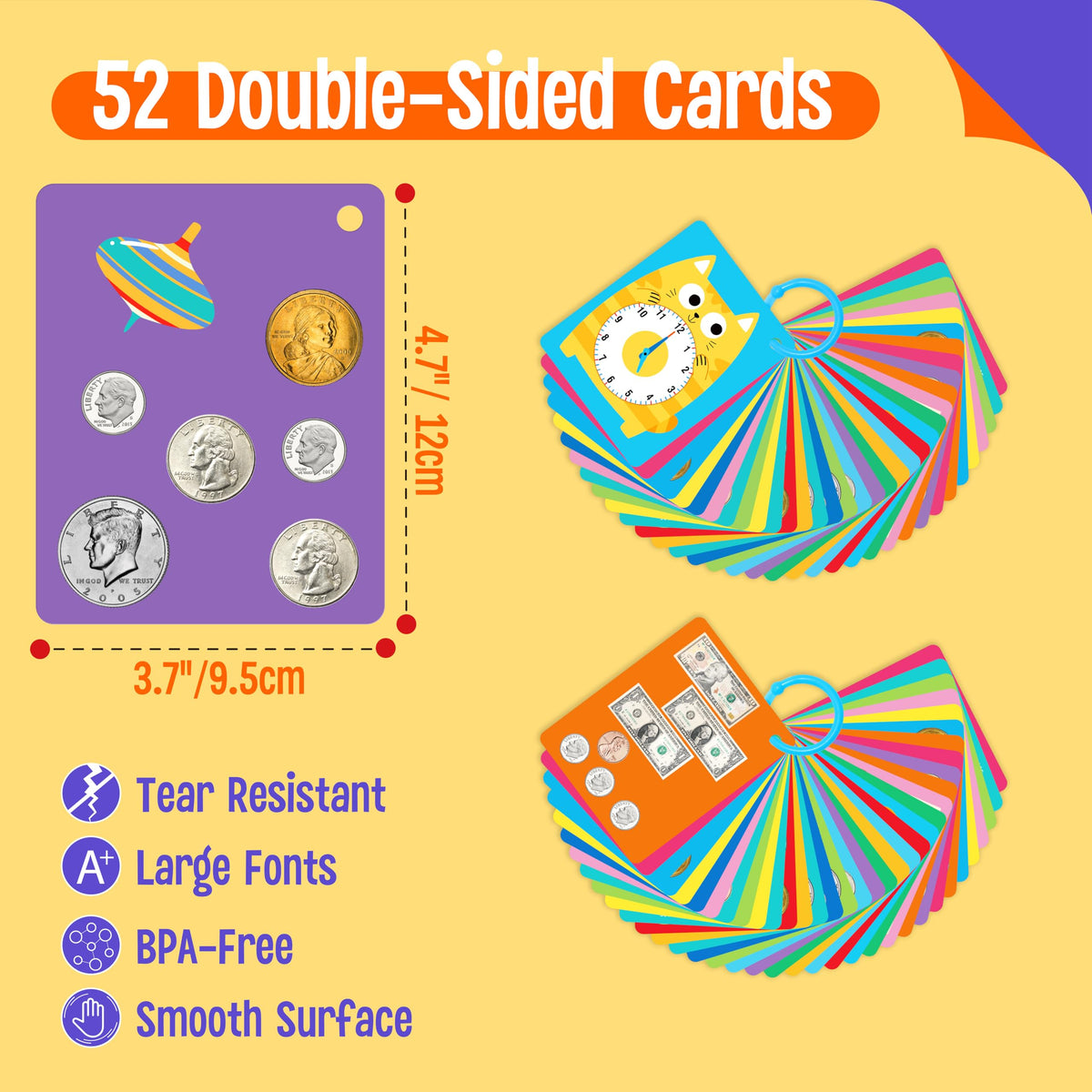 52 PCS Time & Money Flashcards, Double Sided Cognition Cards-Coin Value, Coin Combinations, Counting Coins, Telling Time, Reading Clocks, Learning Tool for Kids Ages 6+ Kindergarten Toddlers