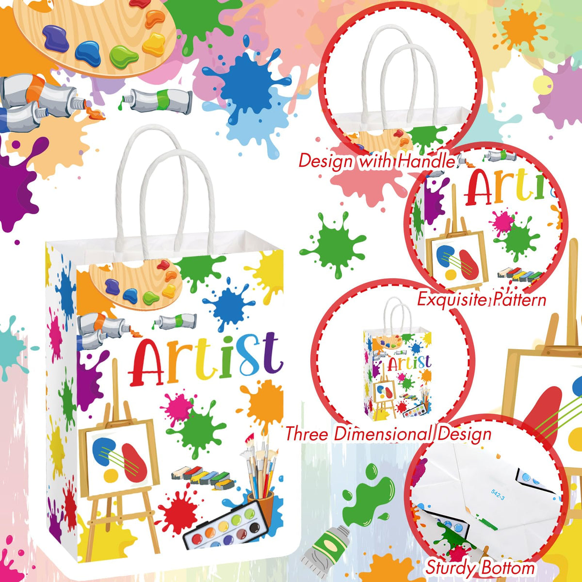 Kolldenn 24 Pcs Art Party Favors Bags Paint Gift Goodie Paper Bags with Handles Splatter Art Candy Pouch‌ Artist Treat Pouch‌ for Painting Splatter Birthday Party Decorations Supplies