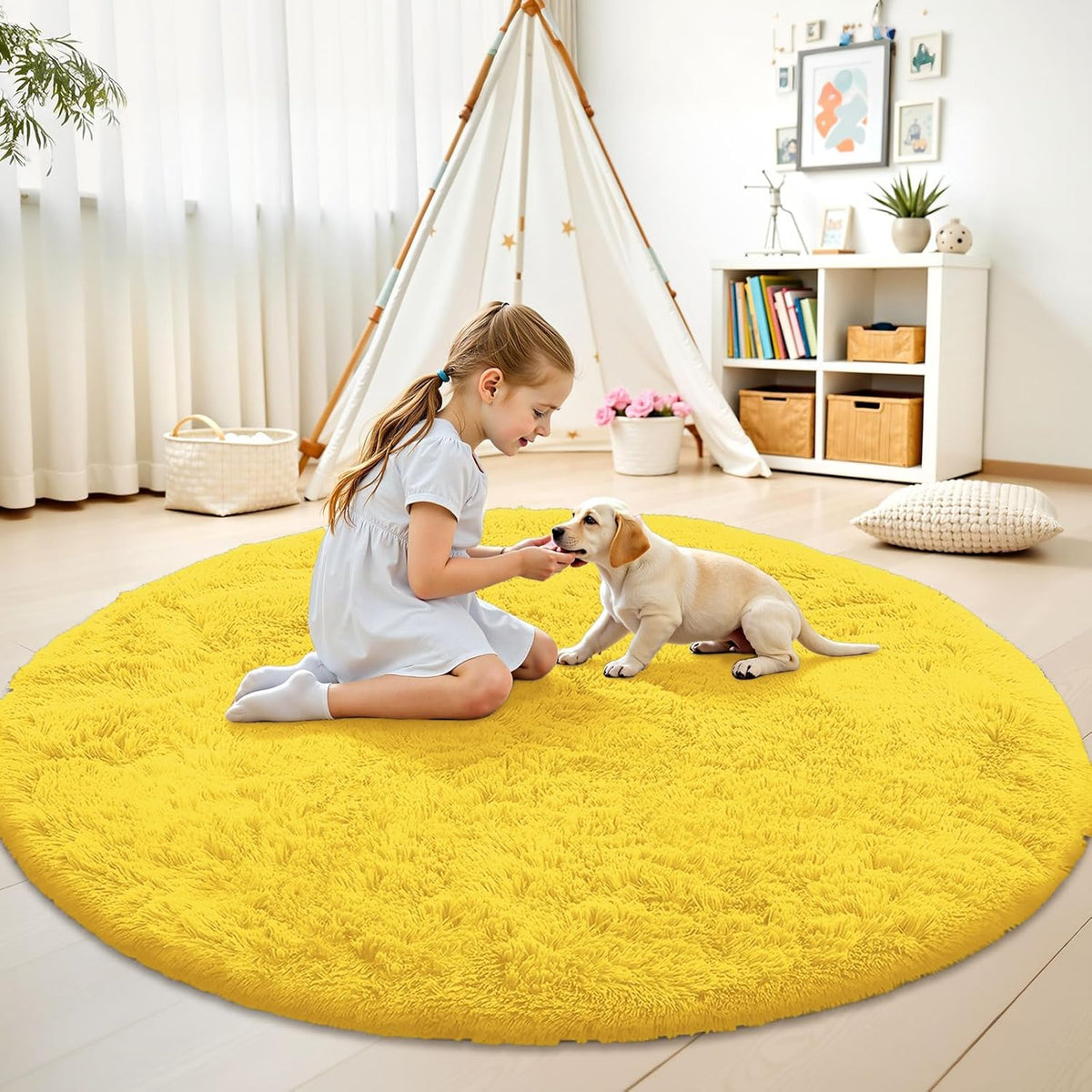OLANLY Yellow Round Rug - Soft & Fluffy 6 ft Circle Area Rug for Bedroom, Living Room & Nursery Decor