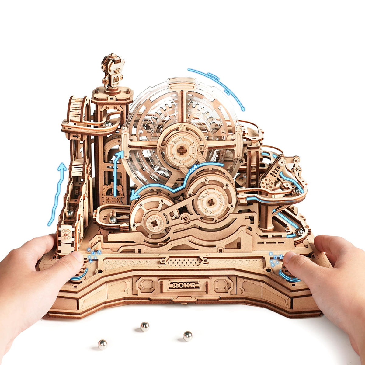 ROKR 3D Wooden Puzzles for Adults Miniature Marble Run Building Toys,DIY Pinball Machine Model Kits-Gear Ball Challenge EGC01