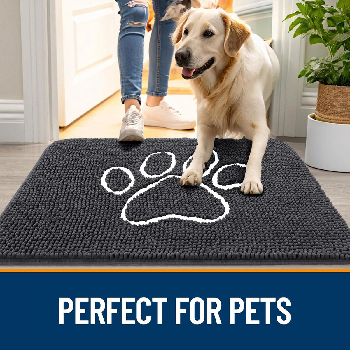 OLANLY Dog Door Mat - Absorbent Non-Slip Chenille for Muddy Paws | 70x32 Dark Grey Paw Print Design