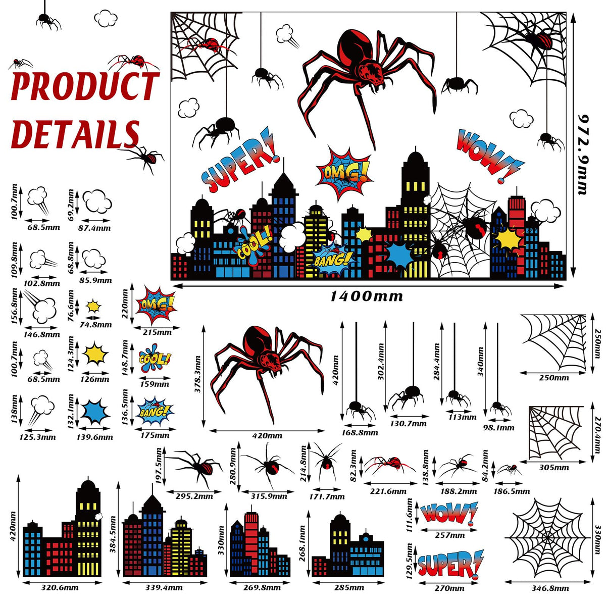 Gilprop Spider Theme Wall Stickers Spiderweb Wall Decal Colorful City Skyline Decor Pack Cool Comics Style Peel and Stick(L,Spider)