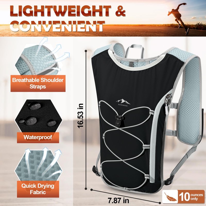 RAINSMORE Running Hydration Vest with 500ml Soft Flask, Waterproof Phone Pocket, Lightweight Hydration Pack, Adjustable No-Bounce Straps for Trail Running, Marathon, Cycling Black
