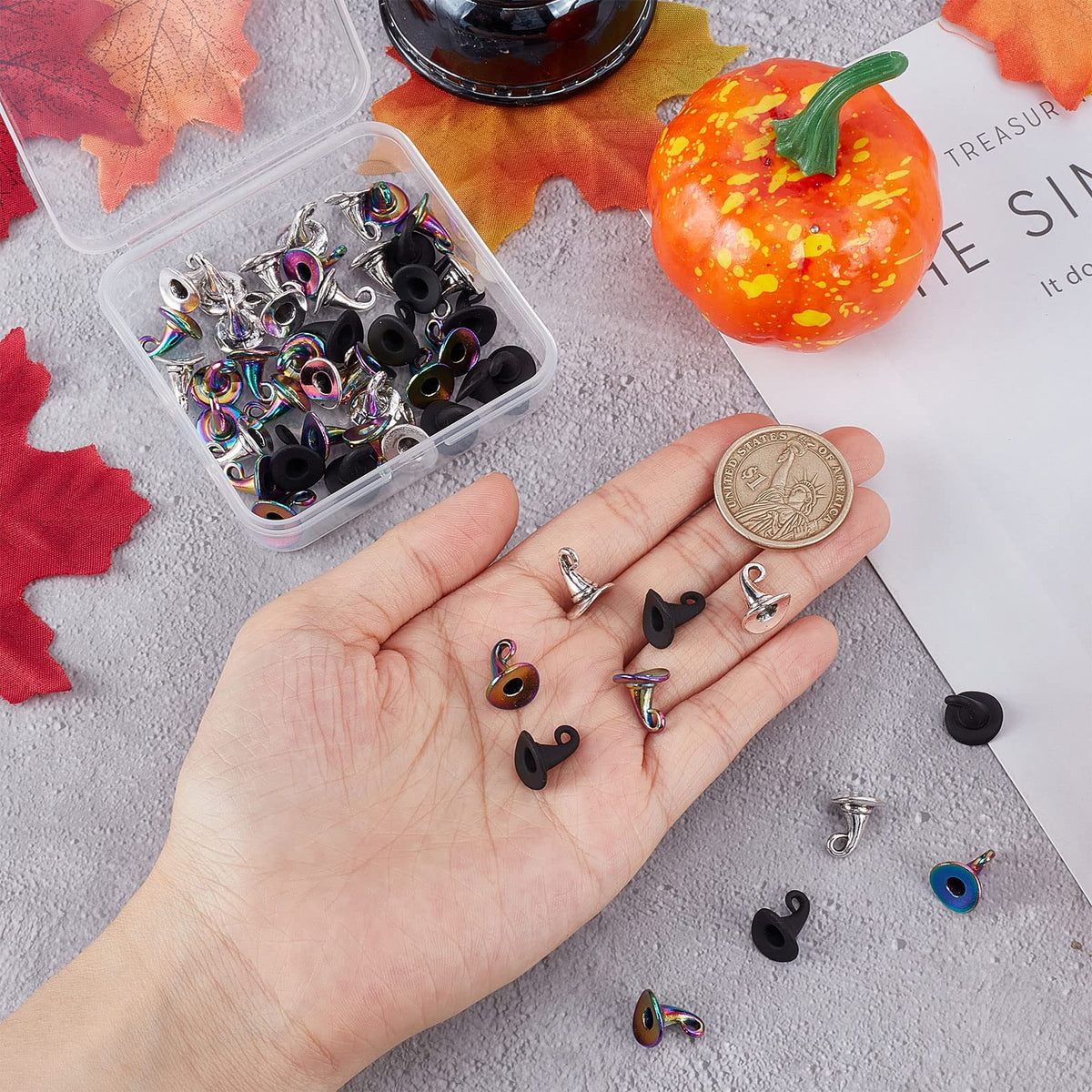 SUNNYCLUE 1 Box 60Pcs 3 Style Wizard Hat Charms Witch Hat Charm Halloween Imitation Black Magic Hats Charms Antique Silver Rainbow Gothic Miniature Hat Charms for DIY Making Charms Craft Home Decor