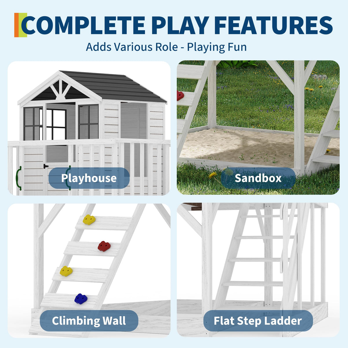 2 Story Wooden Playhouse with Climbing Wall, Outdoor Wooden Playhouse with Step Ladder, Elevated Modern Cedar Playhouses Kids