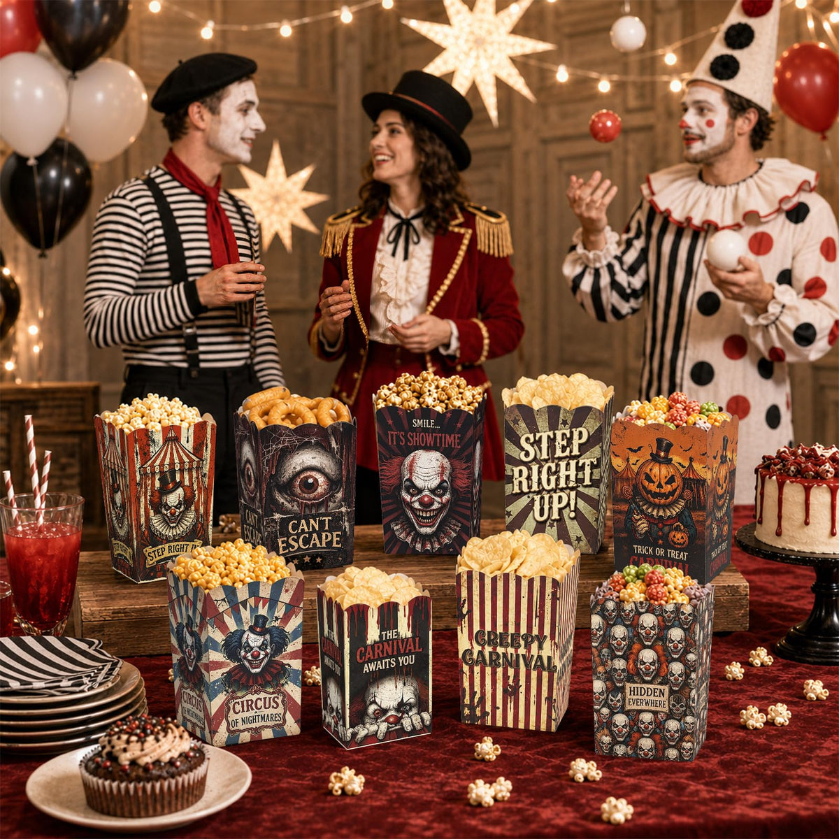 100 Pcs 10 Styles Halloween Creepy Clown Popcorn Boxes Cardboard Popcorn Bags Snack Boxes Spooky Treat Bags for Candy Biscuits Party Favors Halloween Movie Night Supplies Party Supplies