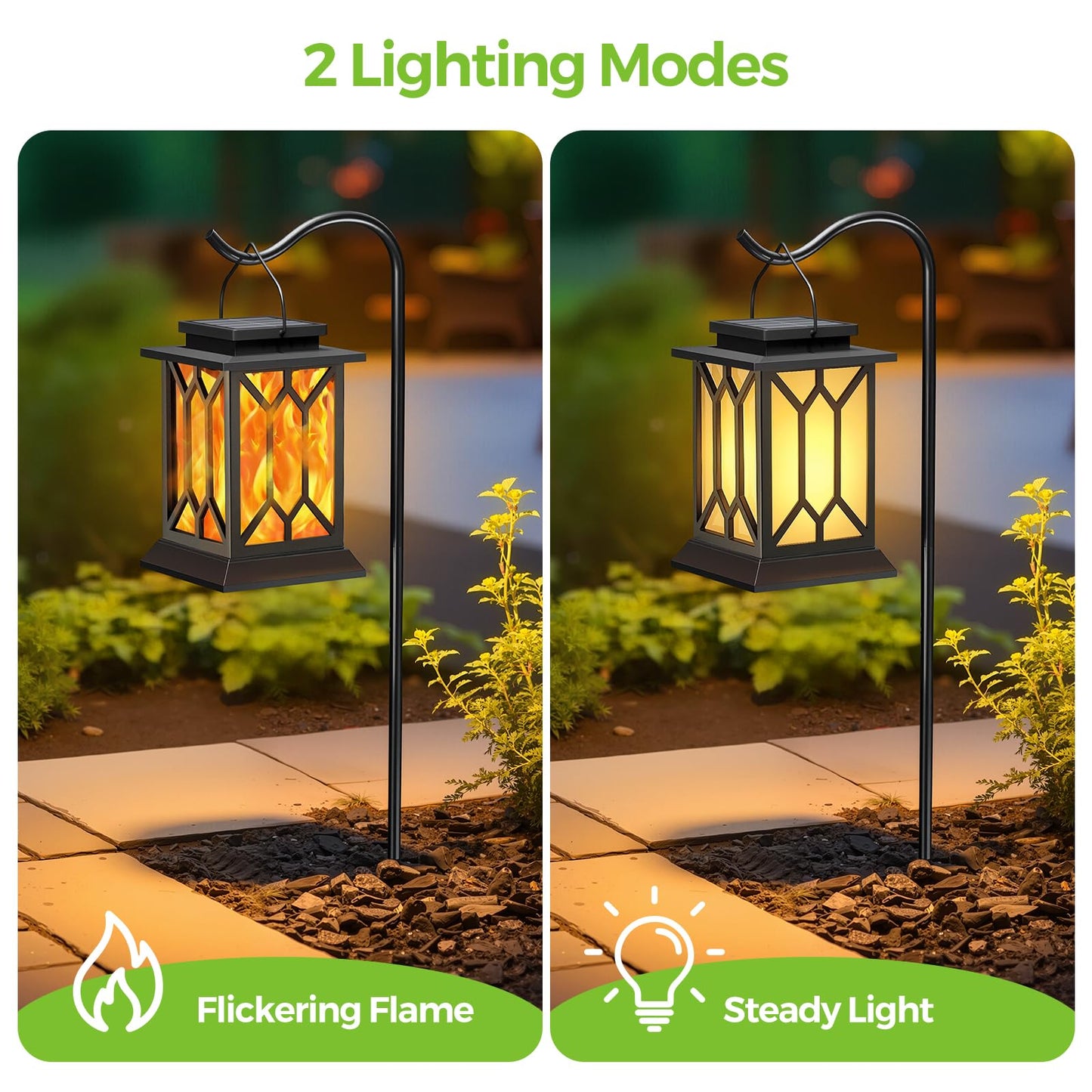 BOBKID 2 Pack Solar Lanterns Outdoor Waterproof, Flickering Flame Outdoor Lights, Hanging Solar Lantern Lamps Decorative, Solar Powered Lighting for Outside Garden Yard Patio Path Tree Decor