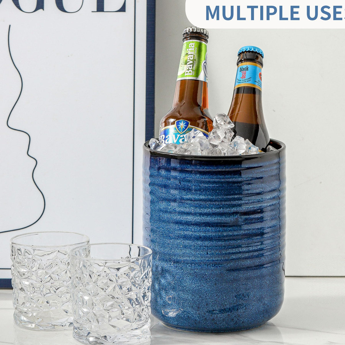 HASENSE Ceramic Kitchen Utensil Holder, 7.4" x 6.2" Large Countertop Utensil Crock, Stable Cooking Utensil Organizer for Spatulas, Spoons, Whisks & Tools, Modern Blue Kitchen Decor