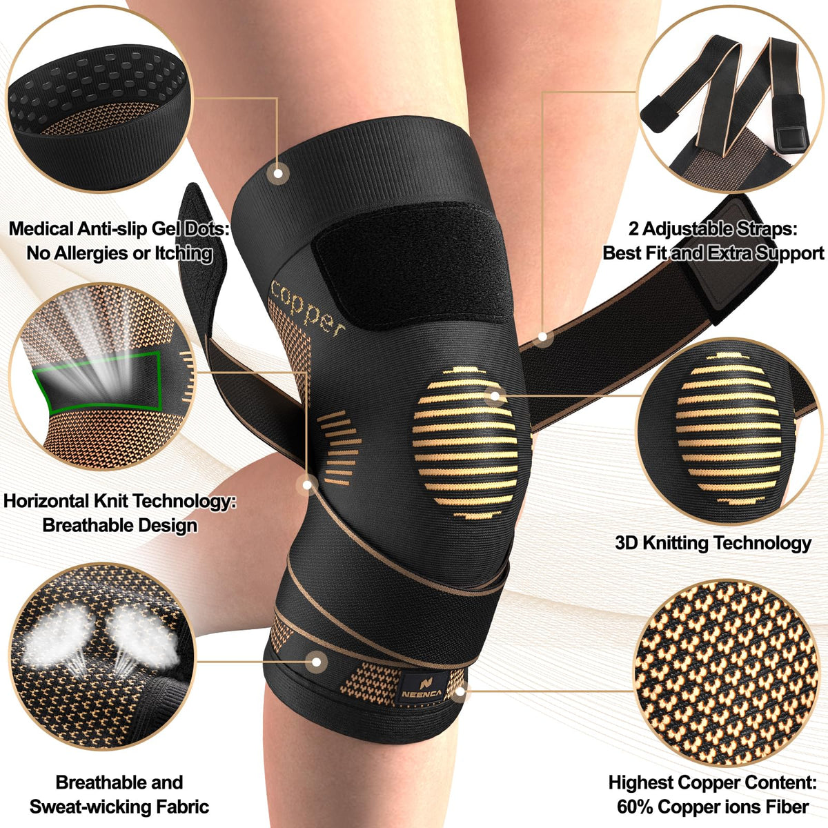 NEENCA Copper Knee Brace with Straps for Women/Men, Knee Compression Sleeve for Knee Pain, Arthritis, ACL, Meniscus Tear, Joint Pain Relief. Knee Support for Running, Workout, Weightlifting - Single