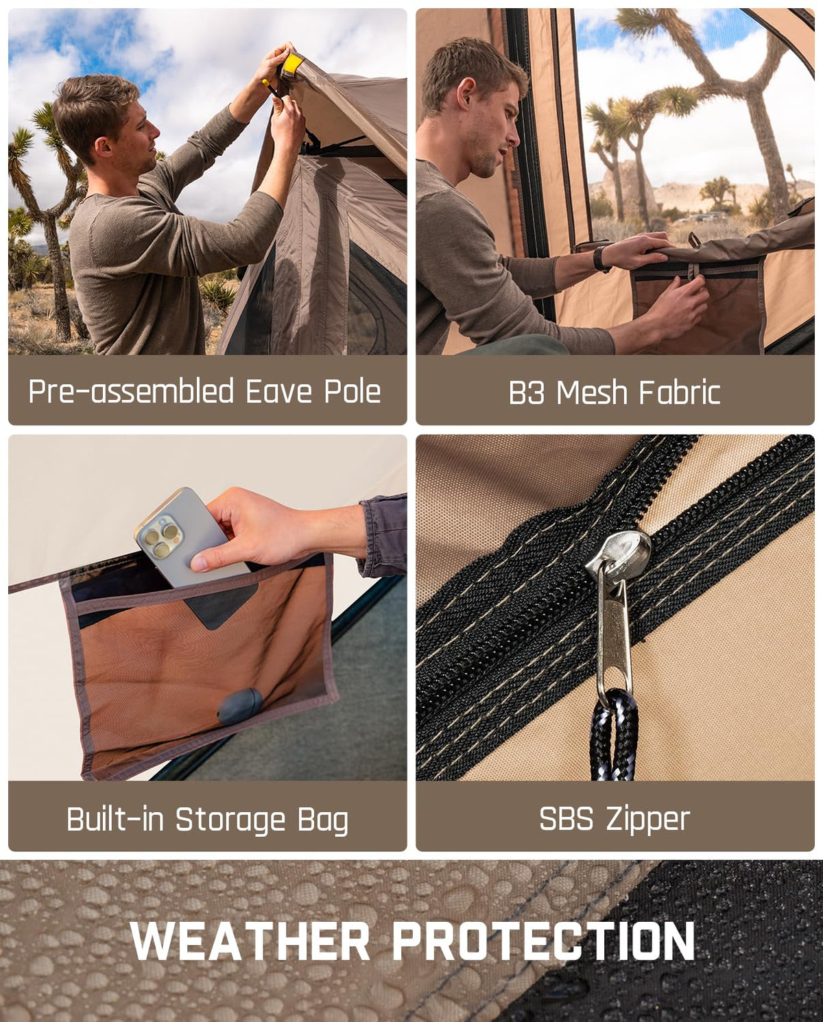 FanttikOutdoor Alpha C4 Ultra Camping Tent 4 Person Pop Up Instant Cabin Setup in 60 Seconds Portable Hub Tent with Rainfly & Windproof for Outdoor Camping & Overlanding, Khaki