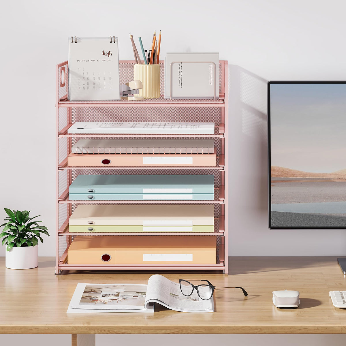 Subekyu 6-Tier Desk Paper Organizer, Desktop File Letter Tray with Handle, Document Sorter and Accessories Holder for Office, Home and School Workspace Organizers, Pink-2 Pack