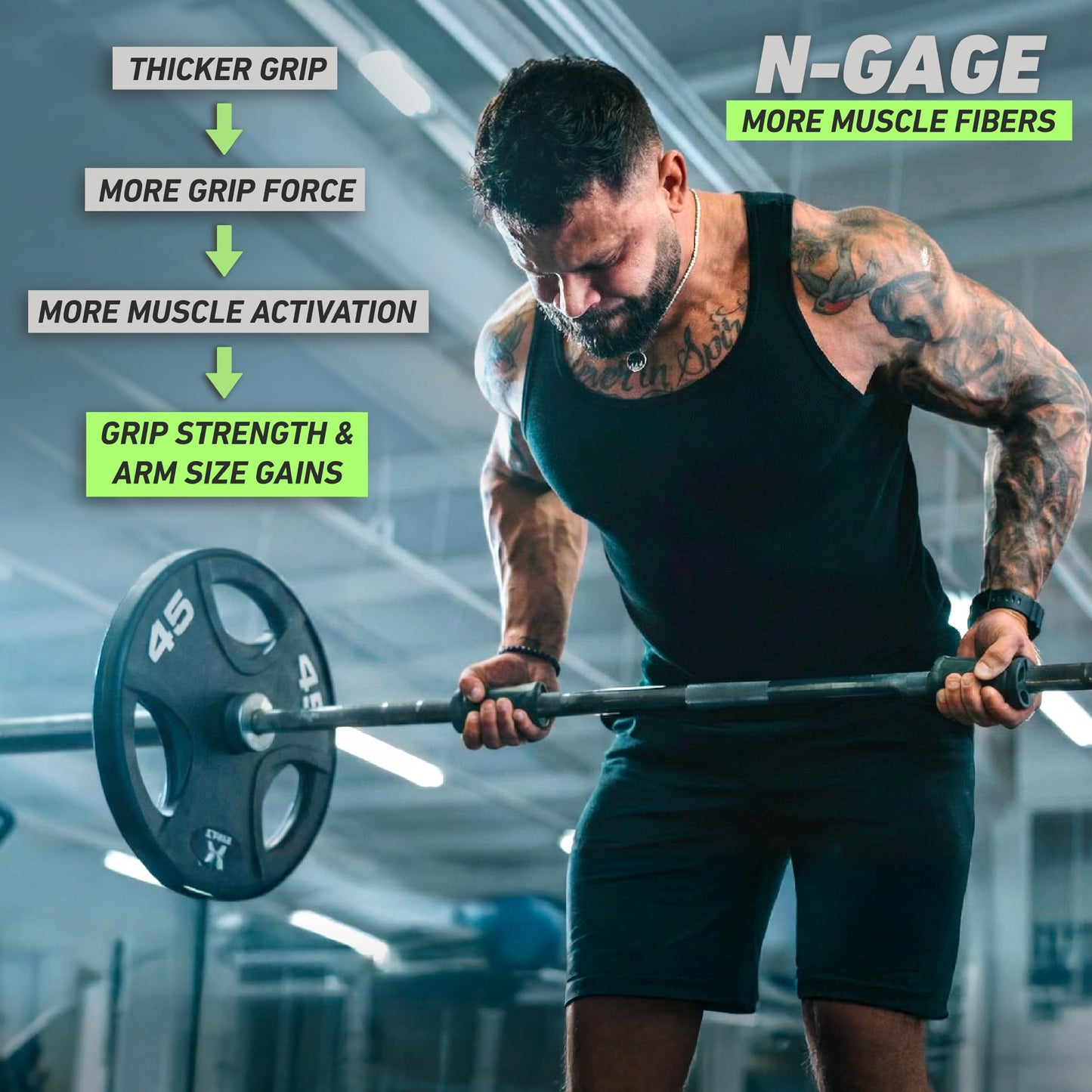 N-Gage Grips PRO – Patented Angled Barbell Thick Grips for Joint Support & Muscle Activation – Ergonomic Bar Attachments for Strength Training - Gym Accessories Manufactured in the USA (1 Pair)