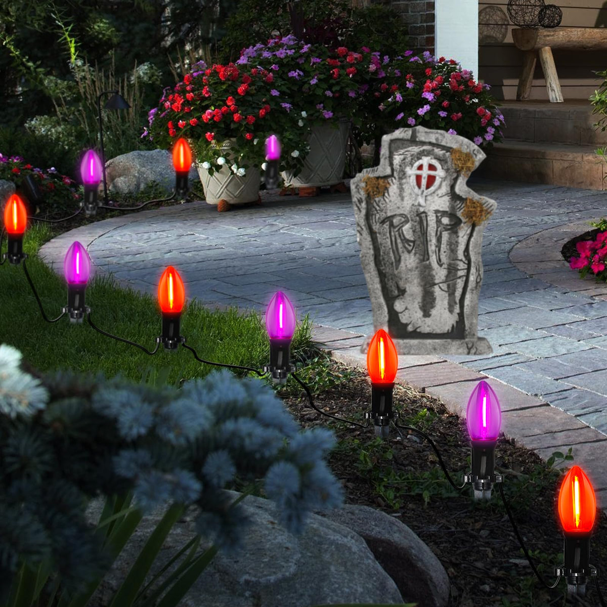 SUNSGNE Halloween Pathway Lights, 19.5Ft Halloween Stake Lights with 10 Count C9 LED Orange and Purple Bulbs for Lawn Yard Sidewalk Garden Decoration