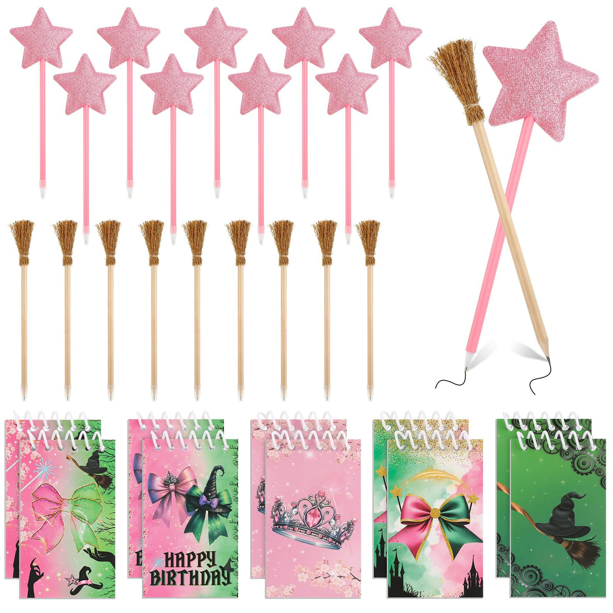 libfrnt 40 Pcs Princess and Witch Party Favors Include 10 Witch Broom Pencils 10 Pink Star Ballpoints 20 Mini Notebooks for Wizard Birthday Witch Halloween Party Supplies