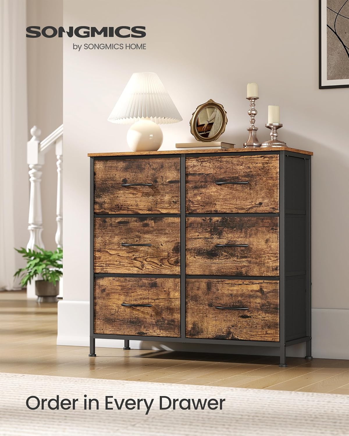 SONGMICS Dresser - 6 Non-Woven Fabric Drawers Storage Organizer Unit | Rustic Brown & Ink Black