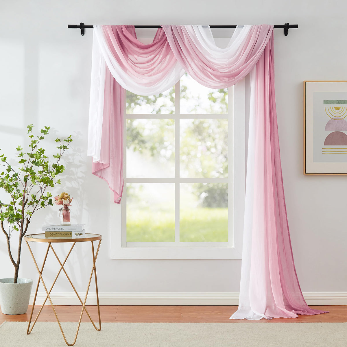 1 Piece Ombre Chiffon Sheer Window Scarf Valance Curtain 18ft for Living Room Girls Bedroom Decor, 216 Inch Long Crinkle Soft Window Sheer Voile Valance for Holiday, Wedding Party Decor, Pink, 52"W