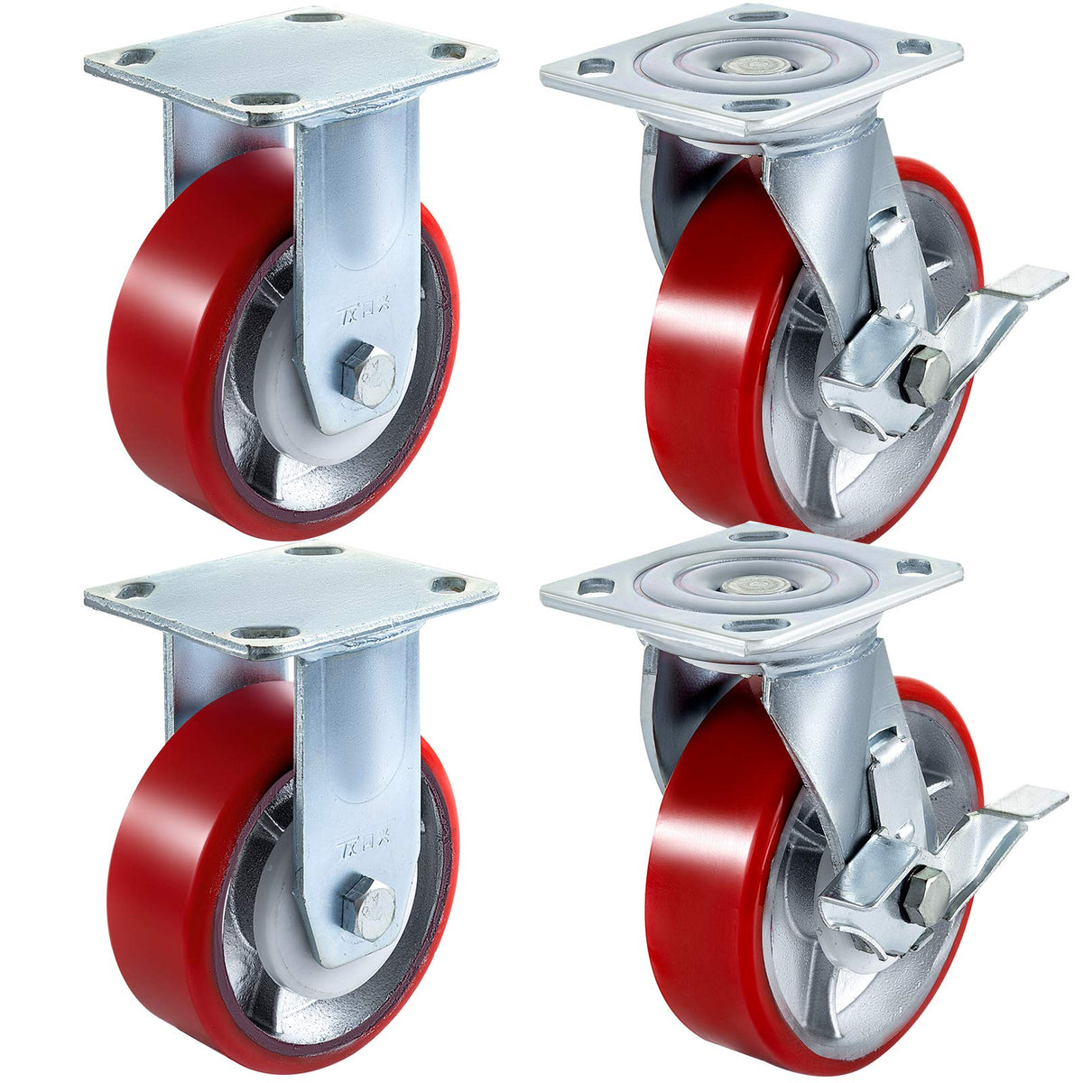 VEVOR Caster Wheels Set of 4, 6" Heavy Duty Casters (2 Rigid and 2 Swivel Casters with Side Brake) Polyurethane Iron Core Plate 4000LBS Capacity