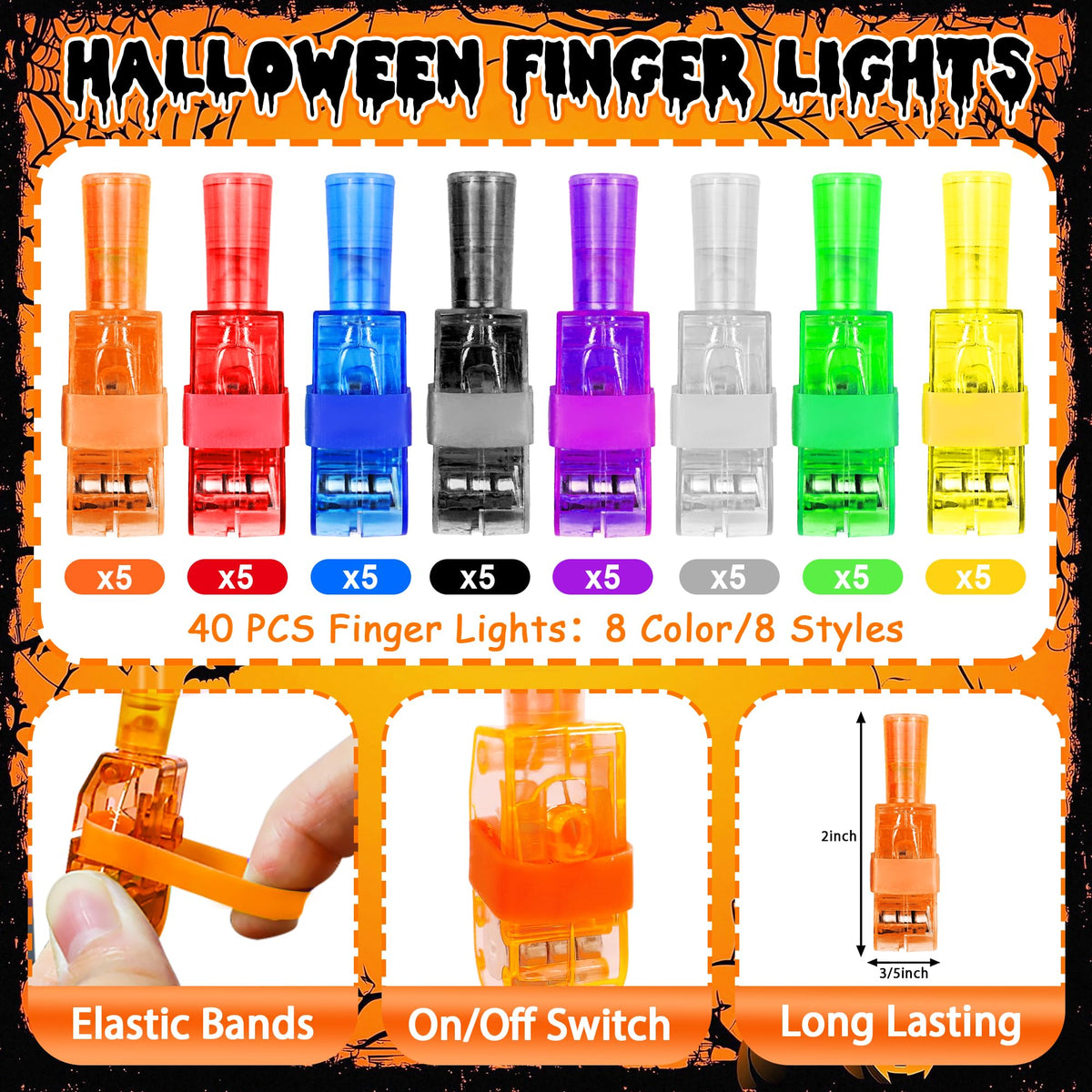 40 Pcs Halloween Party Favors Finger Lights for Kids, Halloween Light Up Toys Bulk Glow in the Dark Halloween Treats Non Candy Goodie Bag Fillers Basket Stuffers Classroom Prizes Trick or Treat Gift