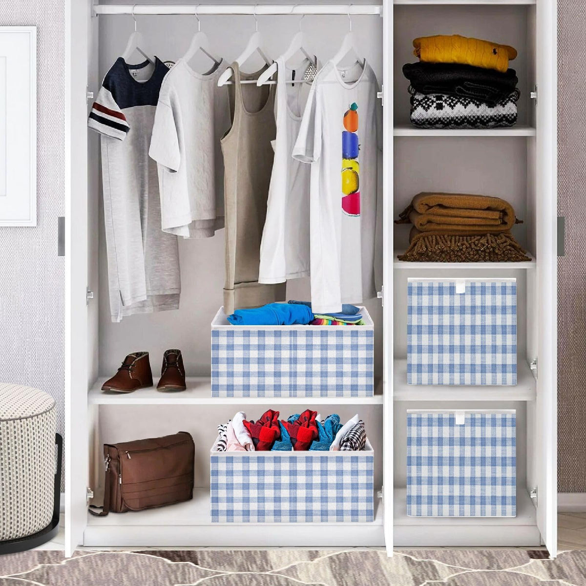 Kigai Blue White Gingham Cube Storage Bins 11x11 inch Collapsible Fabric Storage Cubes Organizer Foldable Boxes Decorative Basket for Home Organizing