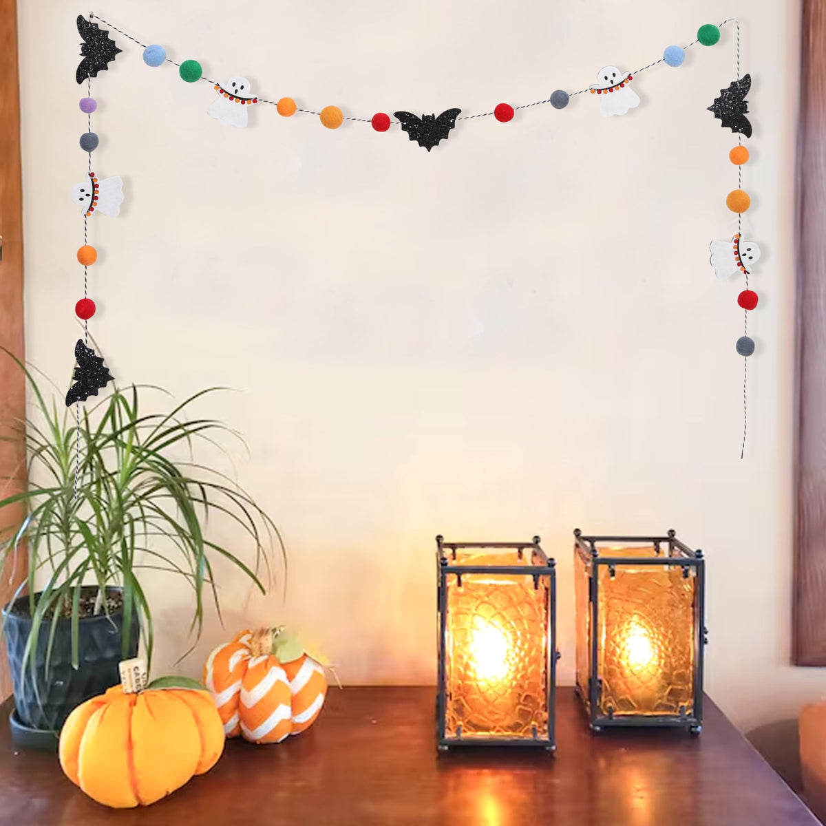 Felt Bat Ghost Garland - Spooky Halloween Party Decorations,Spooky Banner with Colorful Felt Balls,Halloween Wall Mantel Hanging Garland,Black Bat White Ghost Photo Backdrop