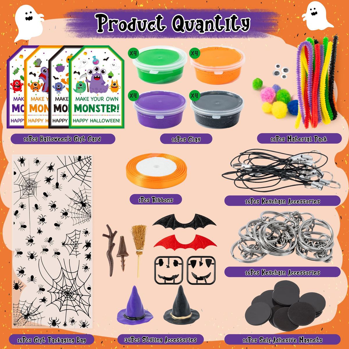 Haooryx Halloween Air Dry Clay Craft Kit - 16 Packs Cute Monster Pumpkin DIY Magnet Keychain Ornament Art Craft Bulk with Gift Bag for Classroom Exchange Gift Student Reward Halloween Party Favors