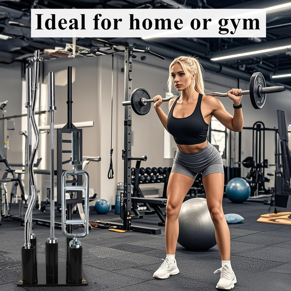 Tebery Barbell Floor Stand Holder, 5 Barbells Vertical Corner Storage Rack, Heavy Duty Home Gym Weight Organizer for Bars, Hex, Trap, Curl, Triceps Bars