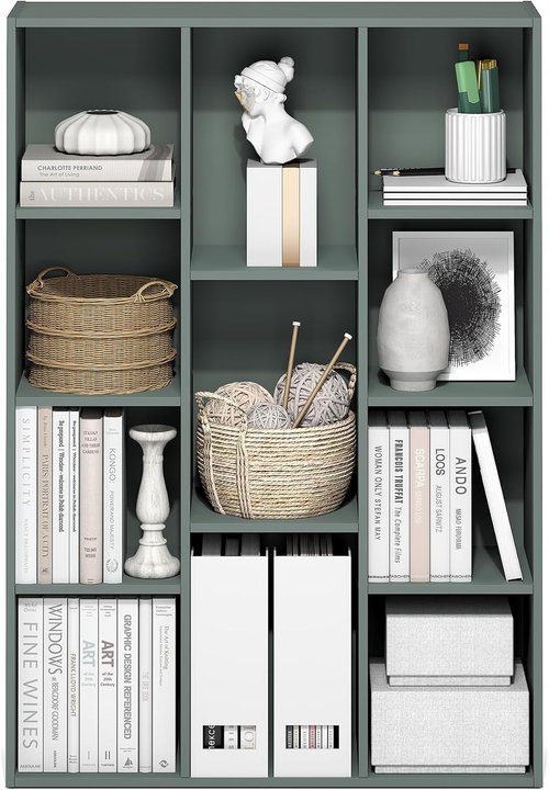 Furinno LUDER Bookshelf - 11-Cube Reversible Bookcase in Sage Green | Easy Assembly for Home & Office