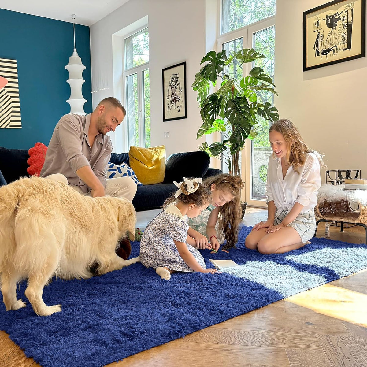 OLANLY Large Area Rug - Soft Fluffy Shaggy Carpet for Living Room & Bedroom | Navy Blue 6x8 ft