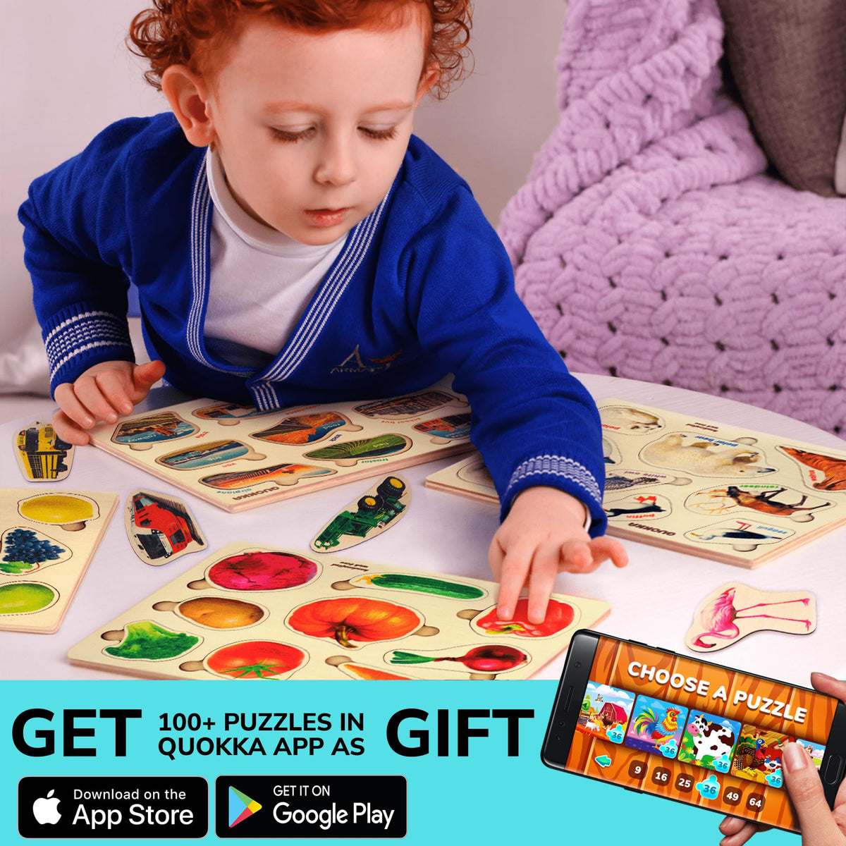 QUOKKA Wooden Puzzles for Toddlers 1-3 – 3xSET Kids Puzzles Ages 2-4 – Montessori Toy Puzzle for Toddlers 3-5 – Wood Toy Learning Realistic Fruits - Cars - Vegetables for Boy and Girl