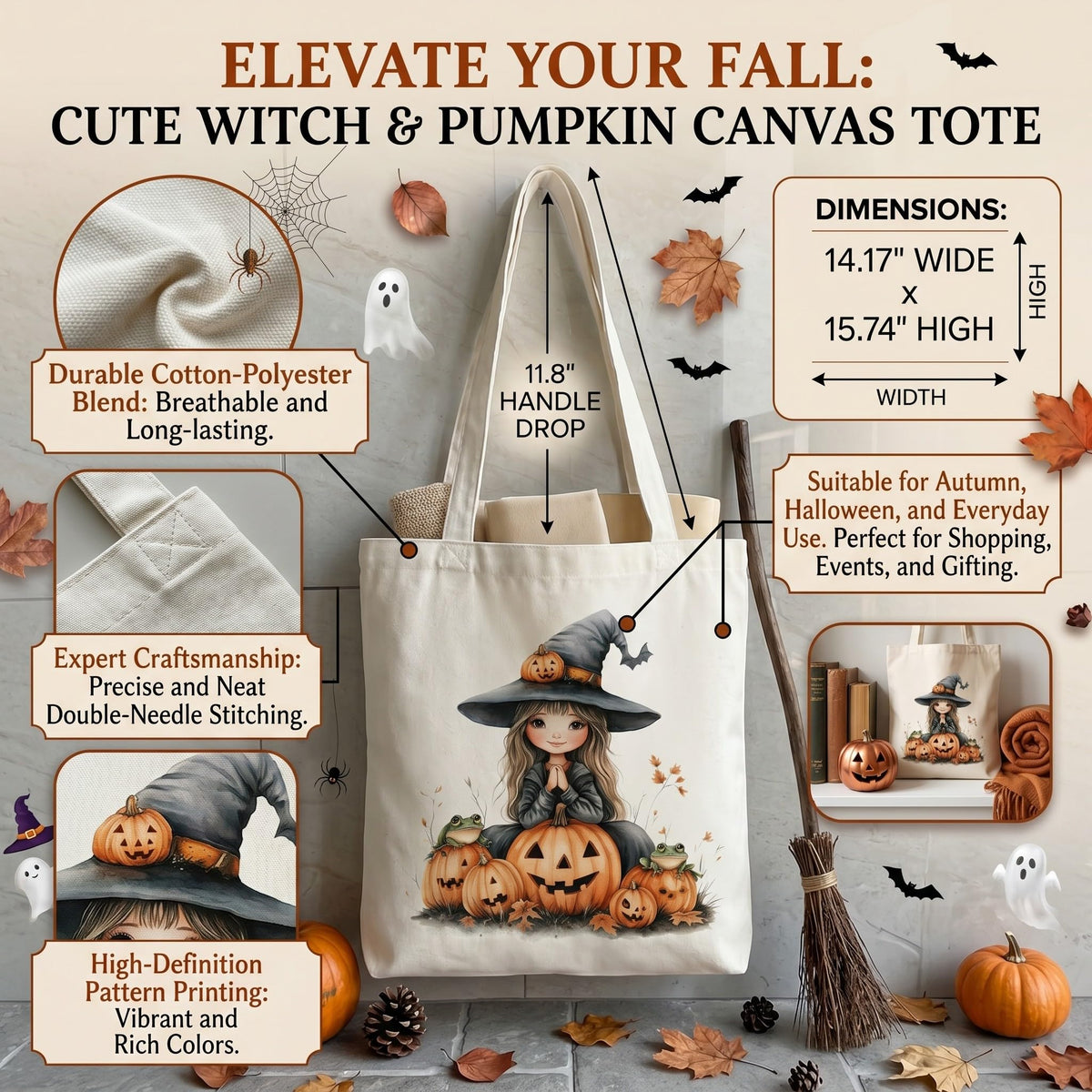 Fall Halloween Tote Bags 2Pcs, Cotton Blend Canvas Tote with Pumpkin Ghost Witch Prints, Reusable Shoulder Bags for Thanksgiving Party Trick or Treat Gift (witch&pumpkin)