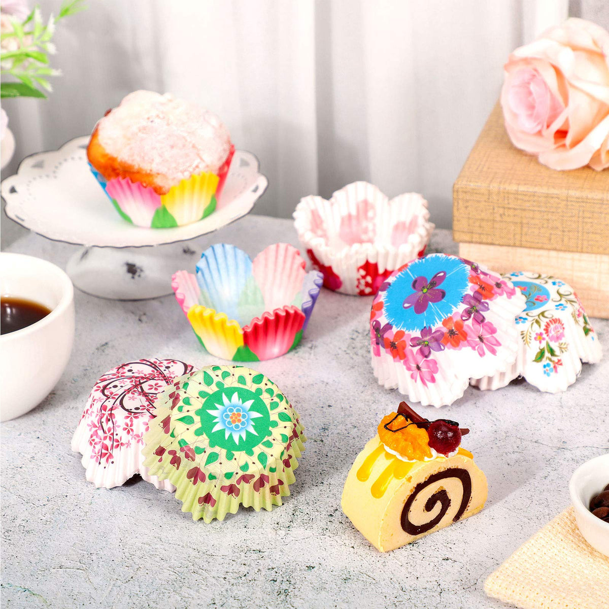 Patelai 600 Pcs Flowers Cupcake Liners Disposable Colorful Paper Baking Cups Disposable Floral Cupcake Wrappers Muffin Liners for Spring Summer Boho Wedding Birthday Shower Bridal Party