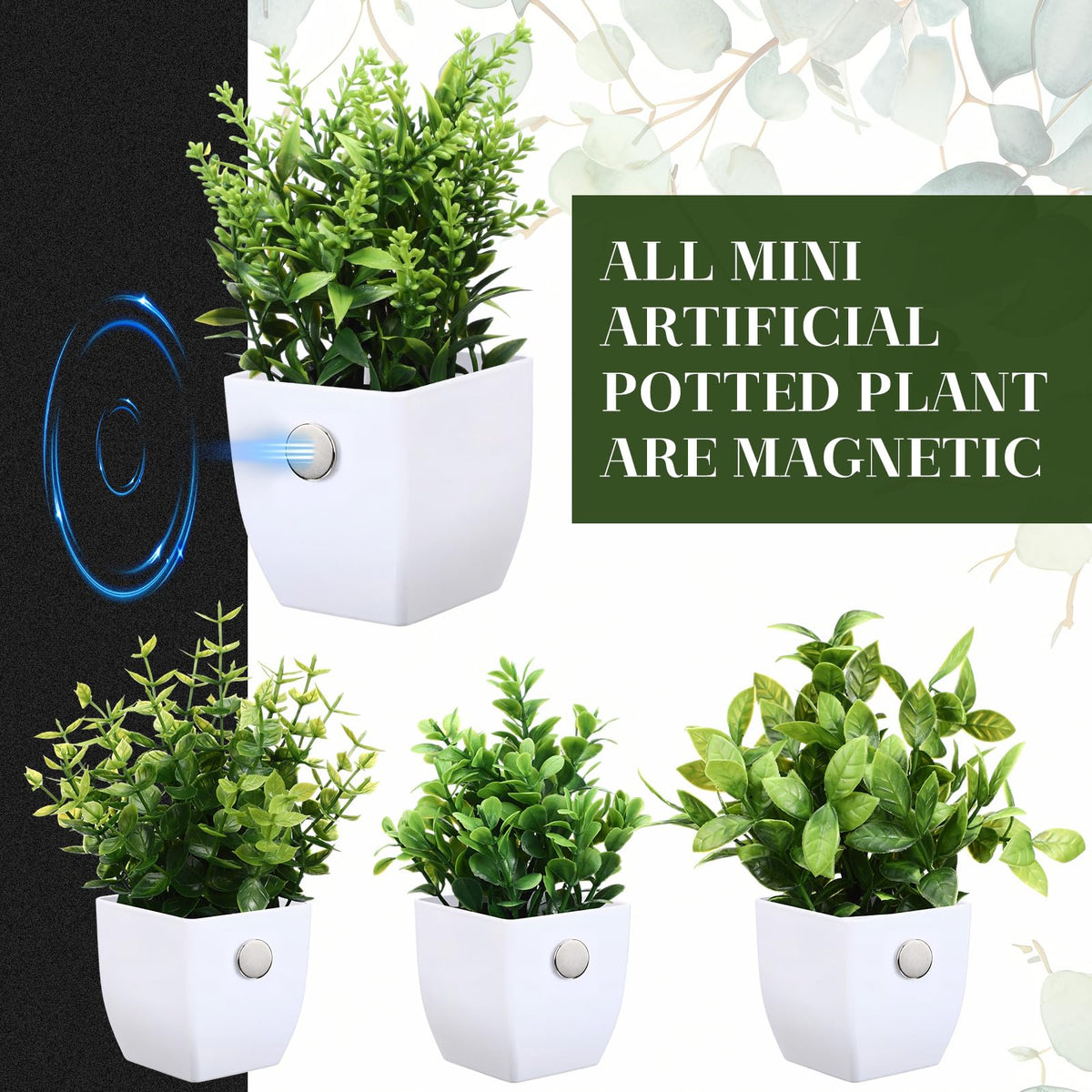 Suncalla 4 Pack Mini Magnetic Fake Plants for Classroom Whiteboard Small Artificial Potted Plants with Faux Flowers Decorative 3D Magnets for School Office Home Decor(Greenery)