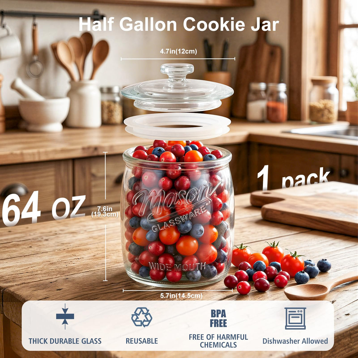 Folinstall Cookie Jar, 1/2 Gallon Glass Storage Containers with Airtight Lids, Wide Mouth Food Jars & Canisters for Kitchen, Pantry, Apothecary, Flour, Sugar, Sourdough Starter, Dog Treat, Half Gallon