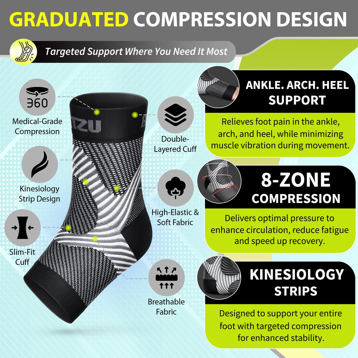 Compression Socks for Plantar Fasciitis, Achilles Tendonitis, Arthritis Relief, Ankle Brace Compression Sleeve with Foot Arch Support, Ankle Wrap for Women, Men, Swelling & Heel Pain Black L-XL