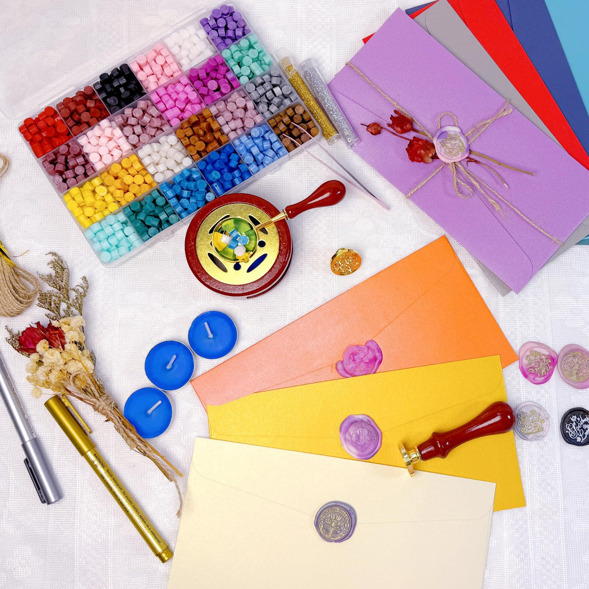 Wax Seal Kit, 24 Colors Sealing Beads, 2 Pcs Stamp,Sealing Wax Warmer, Metallic Pen, Envelope,Dried Flower,Candles for Wedding Birthday Gift and DIY Craft
