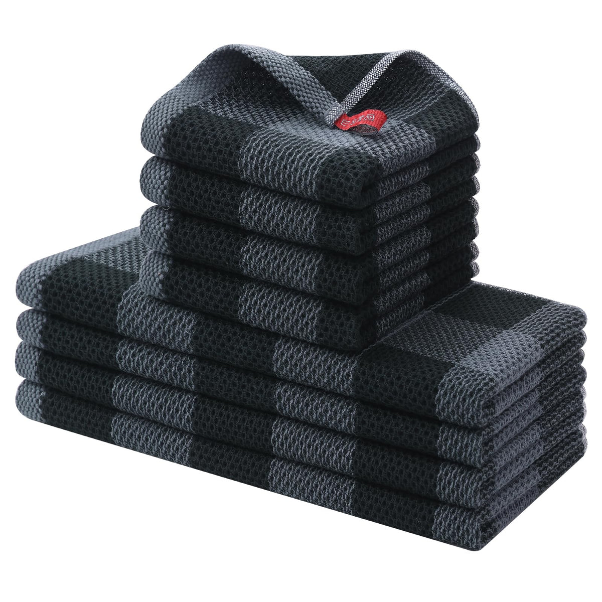 Homaxy Kitchen Towels and Dishcloths Set, 12 x 12 and 13 x 28 Inches, Set of 8 100% Cotton Waffle Weave Check Plaid Kitchen Dish Towels, Super Soft and Absorbent Dish Cloths, Black & Grey