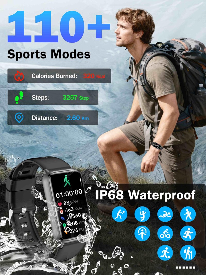 KPEP AMOLED Fitness Watches for Women Men with Stress Blood Oxygen Heart Rate Monitor Sleep Tracking 110+ Sport Modes Fitness Tracker Watch Calorie Counter Step Tracker IP68 Waterproof for Andriod iOS